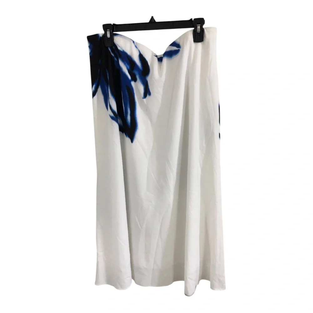 Anne Klein white dark blue fade floral bias cut swing a-line‎ skirt size large